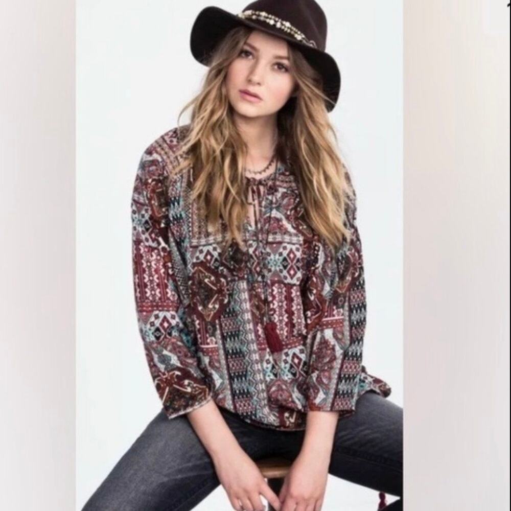 Miss Me Women's Western Boho Tasseled Peasant Top Sz S Coastal Cowgirl Prairie